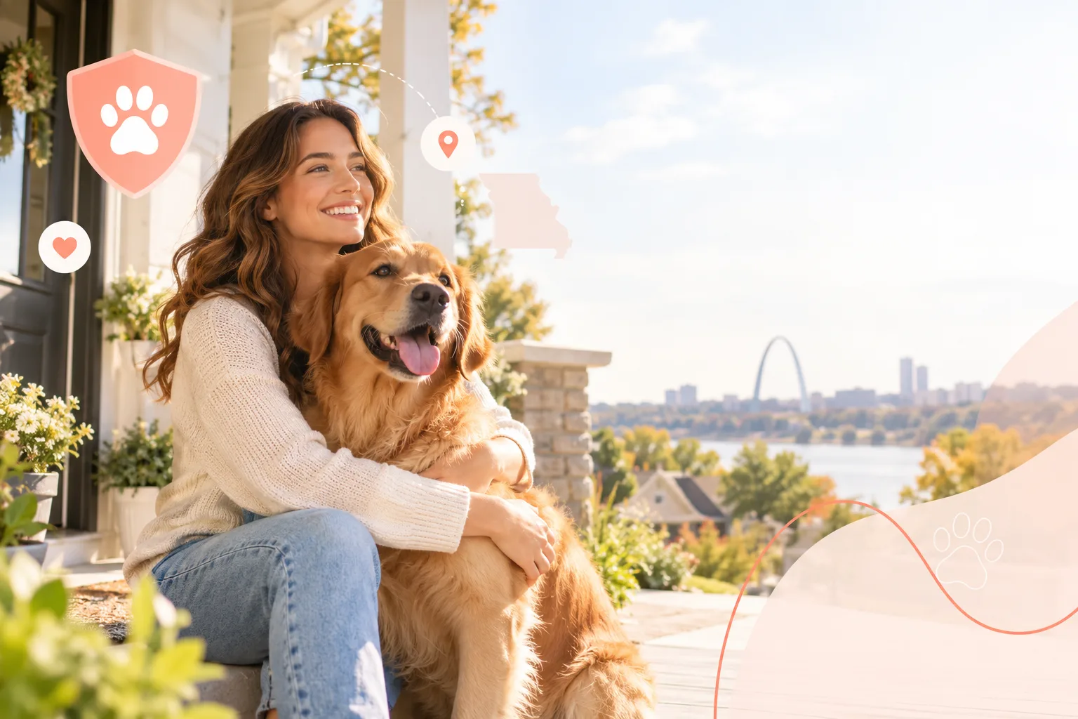 Owner and golden-colored dog outdoors with St Louis Gateway Arch in background