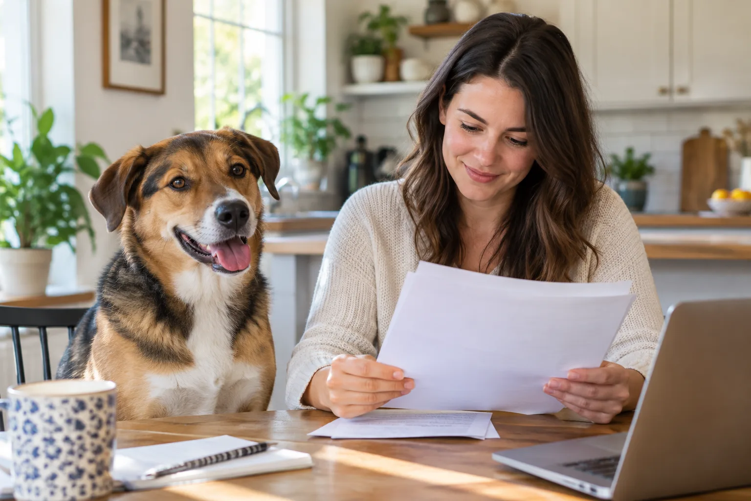 Owner reviewing paper at table with brown-and-black dog